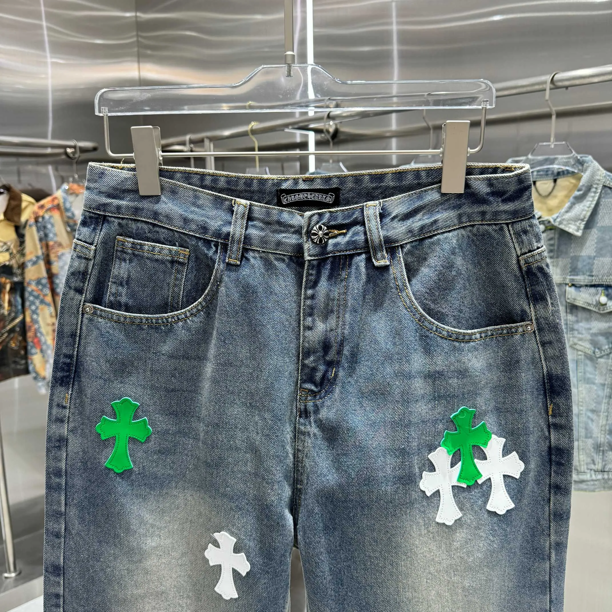 🅿️270 Crow Heart Cross Logo + Printed Horseshoe Logo Jeans 2025 latest product, original goods, washed casual jeans, imported original washed stretch fabric, comfortable and elastic, original hardware accessories decorated with logo, super correct version, extremely high grade, counter quality, fashionable and stylish upper body. The printing uses imported white foam printing, custom buttons, YKK zippers. The full set of accessories is customized in a one-to-one mold. Color: blue Size: S-XXL 28 30 32 34 36 codes